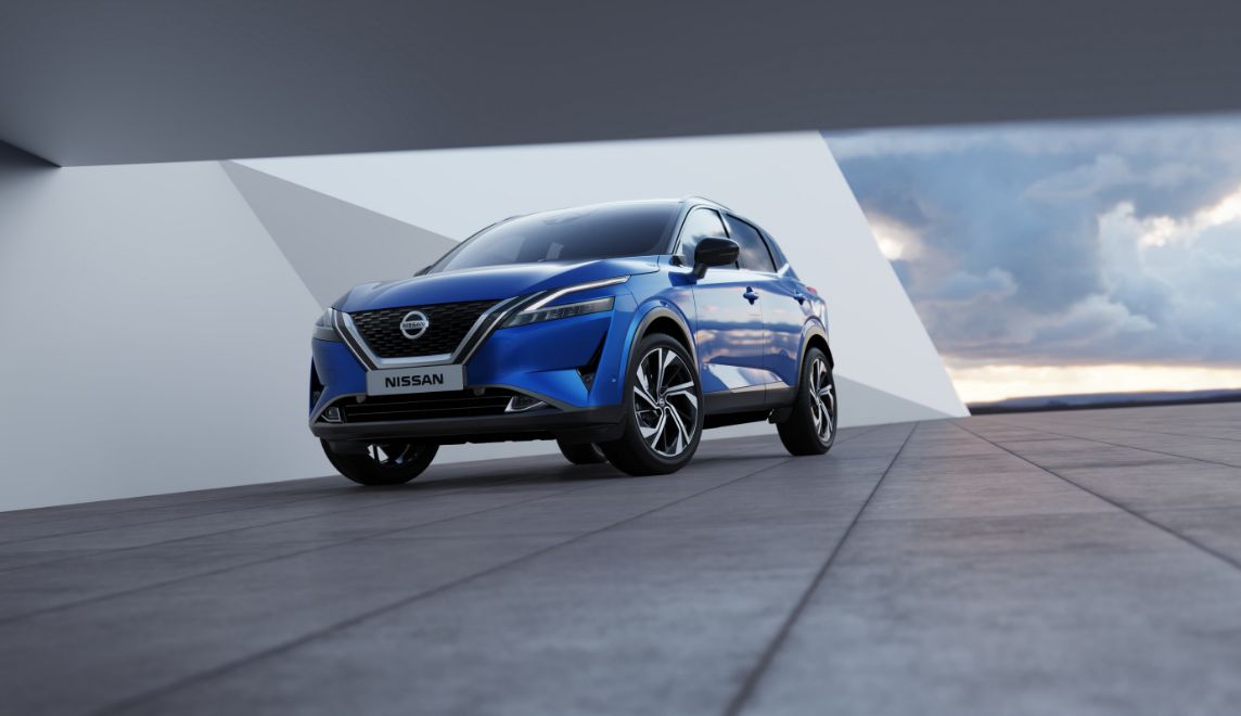Blue Nissan Qashqai in a front three-quarter view