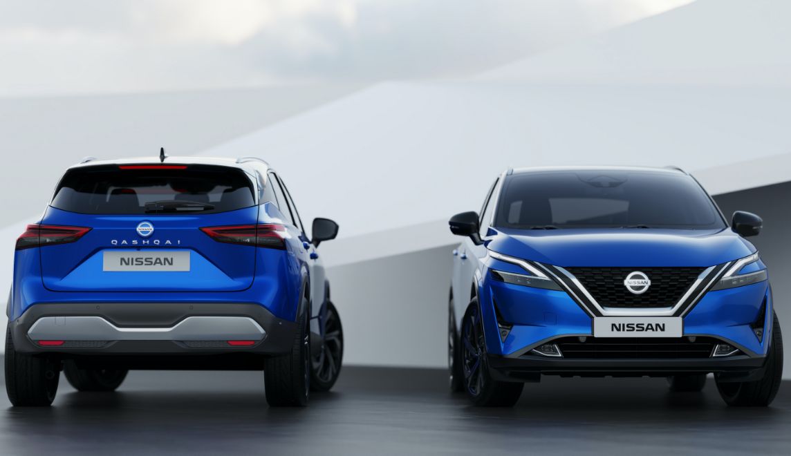 Blue Nissan Qashqai shown from the front and rear
